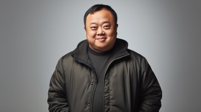 A Portrait of an Asian man with Down syndrome on a light gray background.