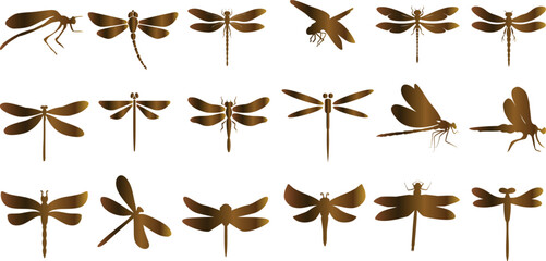 Dragonfly Vector Illustration Set, Brown Tones, Nature-Inspired Dragonflies, Summer Designs, Different Species, Flying, Resting, Perching, Hovering, White Background.