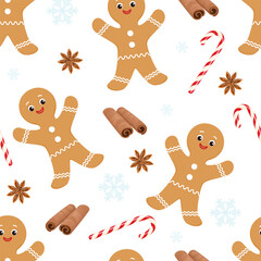 Christmas background with gingerbread man, candy cane, anise star and cinnamon sticks on white. Vector seamless pattern. Vector cartoon winter illustration.