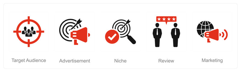 A set of 5 Influencer icons as target audience, advertisement, niche