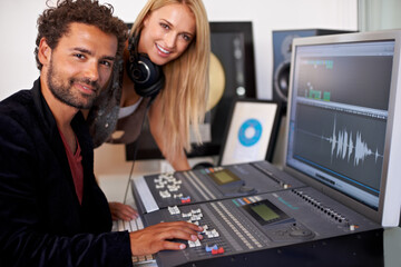 DJ, musician team and recording studio portrait with a man and music producer with tech and...