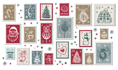 Advent calendar, Christmas Stamps, mail, postcard hand drawn illustrations. - obrazy, fototapety, plakaty