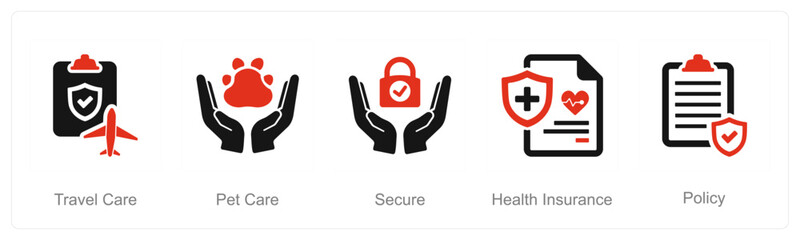 A set of 5 Insurance icons as travel care, pet care, secure