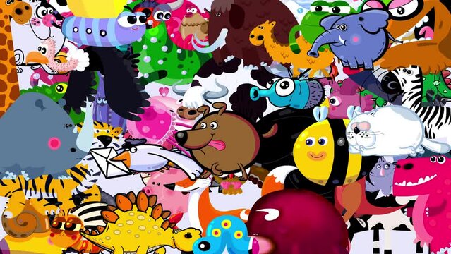 Animals cartoon animation. Full screen of characters appearing one after another. Many different creatures walking flying swimming running digging. Short cute movie 4K. All together background.