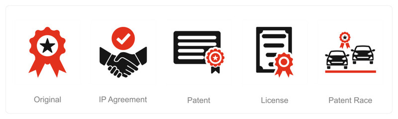 A set of 5 Intellectual Property icons as original, ip agreement, patent