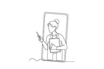 Single one line drawing a Female doctor giving advice virtually to patient. Continuous line draw design graphic vector illustration
