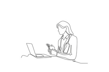 Fototapeta na wymiar Single one line drawing a Female doctor giving directions to patient virtually. Continuous line draw design graphic vector illustration 