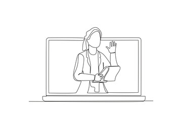 Single one line drawing a Female doctor greeting patient virtually. Continuous line draw design graphic vector illustration
