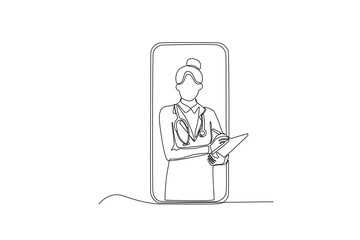 Single one line drawing a Female doctor taking notes on patient complaints virtually. Continuous line draw design graphic vector illustration
