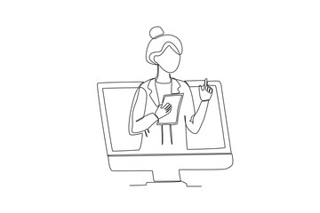 Single one line drawing a Female doctor reading examination results to patient online. Continuous line draw design graphic vector illustration
