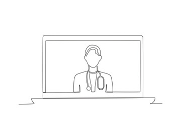 Single one line drawing a Male doctor connected online with patient. Continuous line draw design graphic vector illustration

