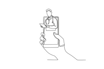 Single one line drawing a Male doctor connecting with patient via mobile phone. Continuous line draw design graphic vector illustration

