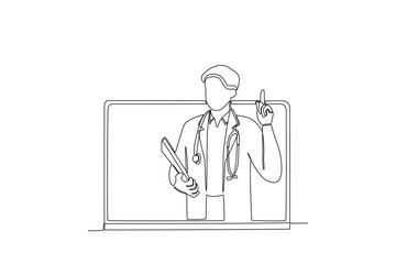 Single one line drawing a Male doctor giving directions to patient virtually. Continuous line draw design graphic vector illustration
