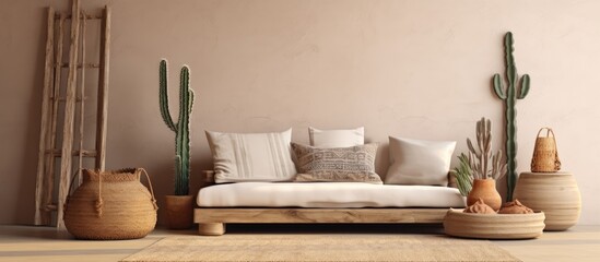 Fototapeta na wymiar Cozy house with stylish interior, ethnic decor, comfortable couch with cushions, woven carpet, cactus in wicker basket, wall art