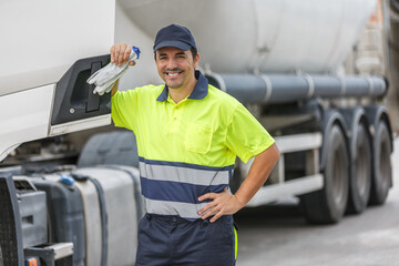 Smiling truck driver standing by vehicle over blurred background