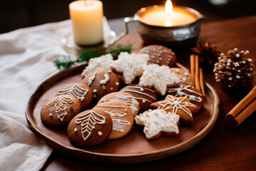 Obraz na płótnie Canvas Ginger Christmas cookies on a plate on the table with candles