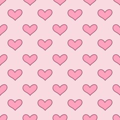 seamless pattern, pink hearts with black border, light pink background, minimalist style