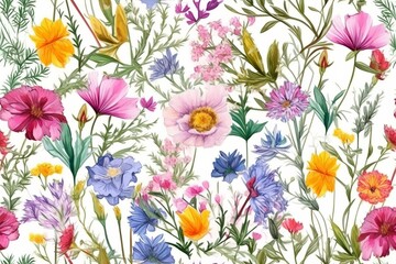A seamless colorful pattern of various beautiful flowers and leaves, creating a harmonious and visually pleasing background design.