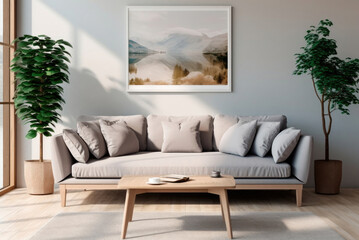 Cozy gray sofa with pillows in the Scandinavian living room and a picture on the wall