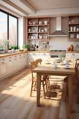 Fototapeta na wymiar Cozy interior of the kitchen with a large wooden table in a minimalist modern Scandinavian style