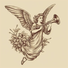 Fototapeta premium Christmas Angel flying and trumpet on pipe. Hand drawn vector illustration in vintage 