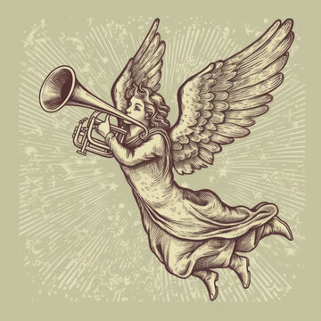 Christmas Angel flying and trumpet on pipe. Hand drawn vector illustration in vintage "ai generated"