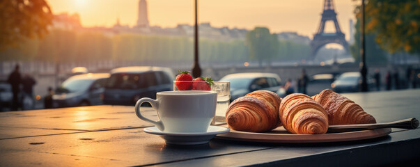 petit déjeuner parisien typique avec croissant et café sur une table de bistrot - obrazy, fototapety, plakaty