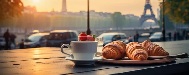 Zelfklevend Fotobehang petit déjeuner parisien typique avec croissant et café sur une table de bistrot © Fox_Dsign