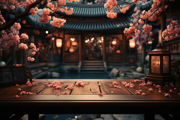 Naklejka premium Stage or podium for displaying goods in the scenery of the Chinese New Year
