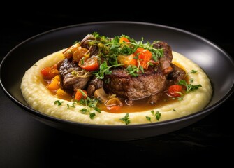 A delicious bowl of tender veal shanks braised with vegetables, wine, and broth, served over creamy polenta. Generative AI.