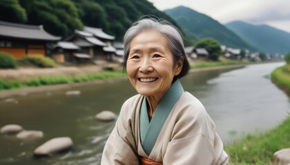 川沿いで微笑む老女。日本、アジア - obrazy, fototapety, plakaty