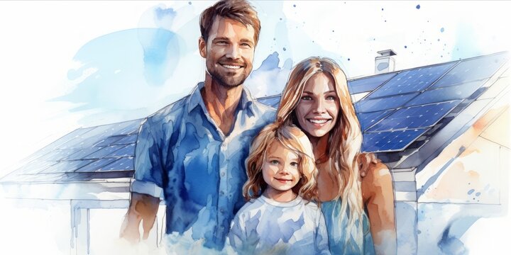 Blue Aquarelle, Happy Family Standing in Front of a Modern House with Solar Panel on Rooftop, Isolated on a White Background