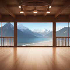 Wooden floor with copyspace against sea and green hills. Planked wooden twxture and landscape