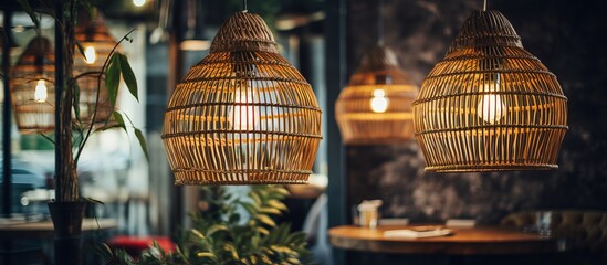 Cafe adorned with vintage rattan lampshades