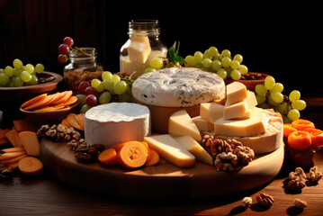 Different types of cheese on wooden table, closeup. Dairy products