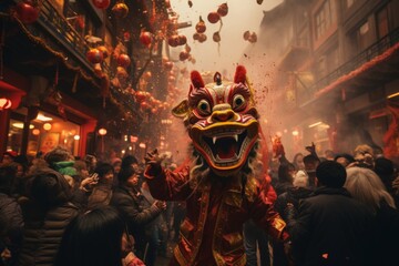 Celebration of chinese New Year: a huge crowd mass of cheerful people in colorful costumes walking...