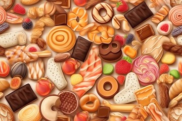 Seamless pattern featuring various types of sweets and desserts, creating a delightful and tempting visual arrangement. Candy, cakes, pastries, and treats form a colorful and appetizing repeat design.