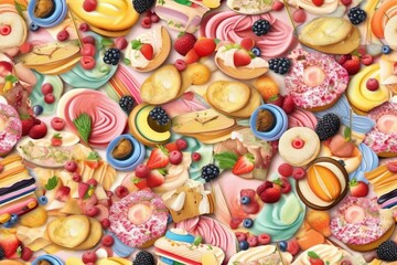 Seamless pattern featuring various types of sweets and desserts, creating a delightful and tempting visual arrangement. Candy, cakes, pastries, and treats form a colorful and appetizing repeat design.