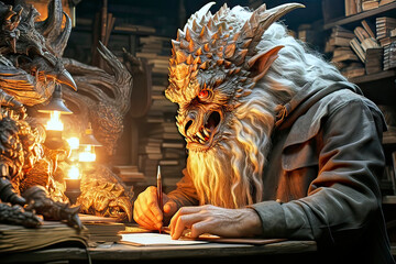 Wise, Ugly, Intelligent Monster with Horns Sitting in a Library, Filling Out a Form at a Table