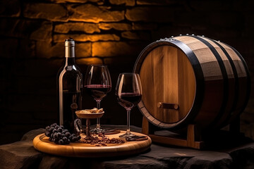 Cozy atmosphere in a rustic winery, wine bottle mock up, no label, glasses, fruits, wooden plate