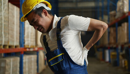 A warehouse worker having back pain and rubbing it 
