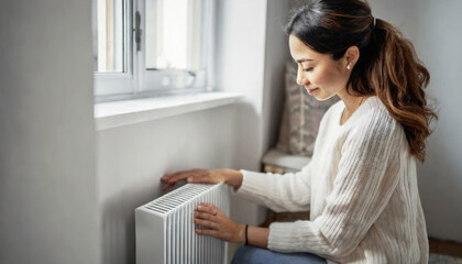 A woman is increases heating on radiator in her apartment