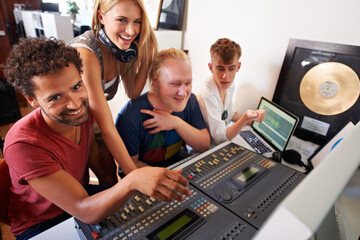 Recording studio, happy and portrait of producer for music, radio song and track with musical...