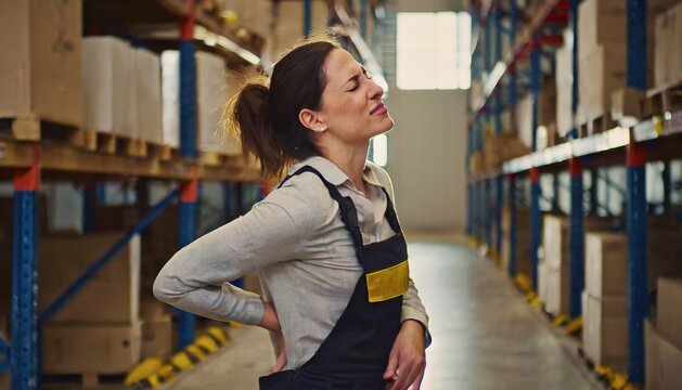  A warehouse worker having back pain and rubbing it 