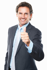 Corporate man, thumbs up and portrait in success, support and yes or like emoji isolated on a white background. Face of mature person or business winner with thank you, vote or good job in studio
