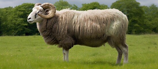 Obraz premium Bluefaced Leicester ram, shorn fleece, grazing on green grass. Facing right. Horizontal. Copy space.