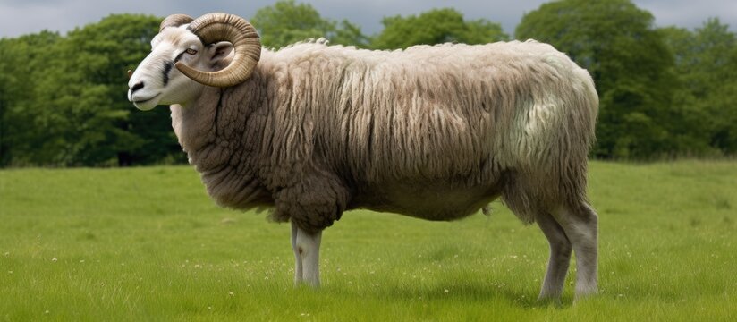 Bluefaced Leicester ram, shorn fleece, grazing on green grass. Facing right. Horizontal. Copy space.