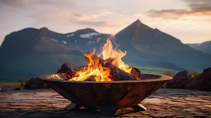 A fire pit with a mountain in the background - obrazy, fototapety, plakaty