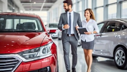 Car seller in suit walking around car salon with customer who wants to buy a car and talking about specifications of cars