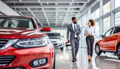 Car seller in suit walking around car salon with customer who wants to buy a car and talking about specifications of cars